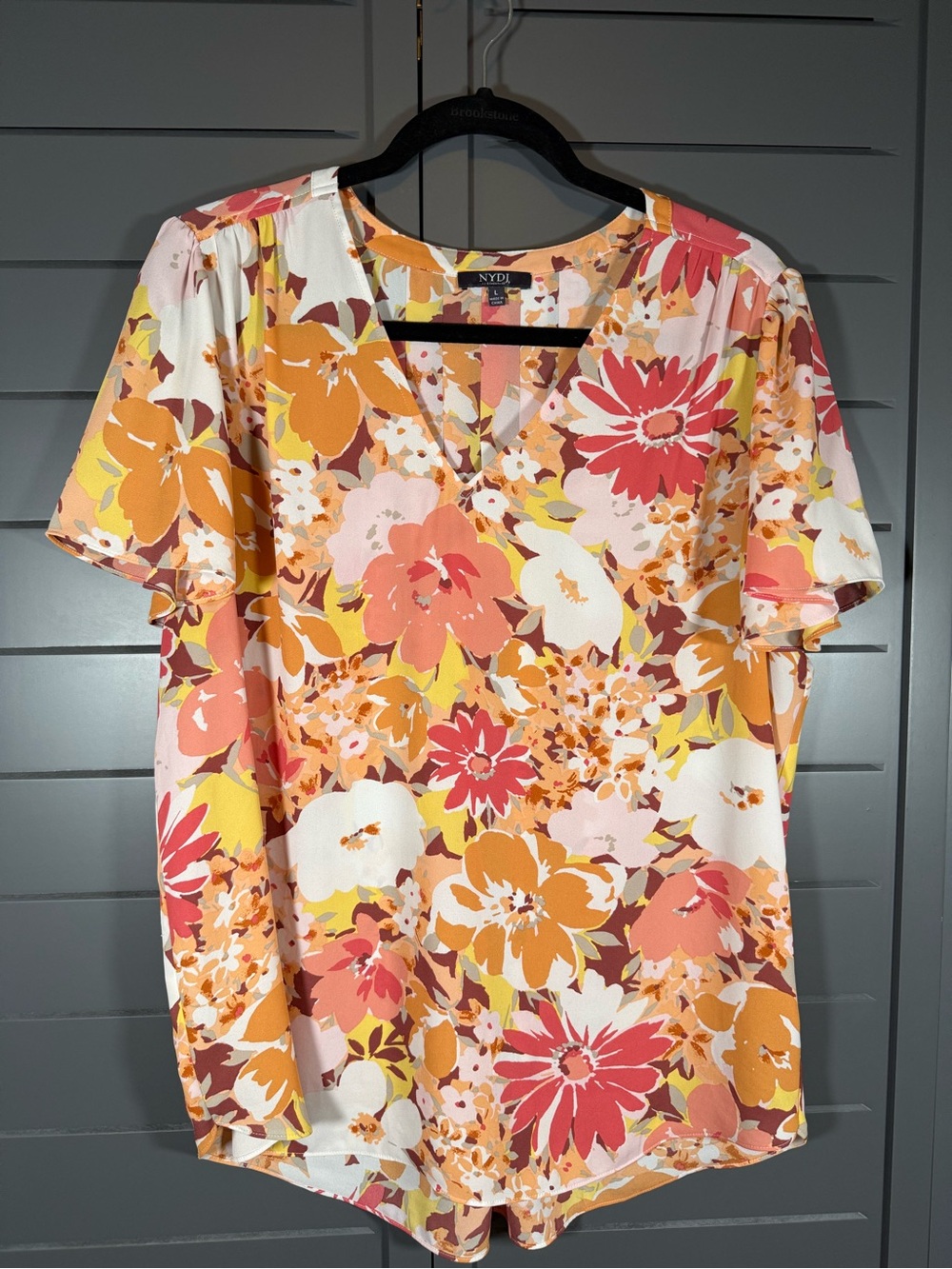 NYDJ Floral V‑Neck Flutter Sleeve Blouse - Coral, Yellow & Cream